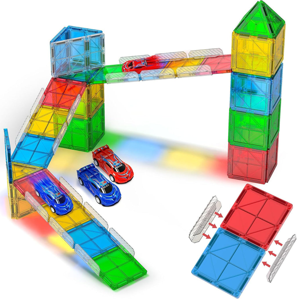Magnetic Tiles Rail Pack 38-Pieces Magnetic Rail Clamps with Pullback Cars