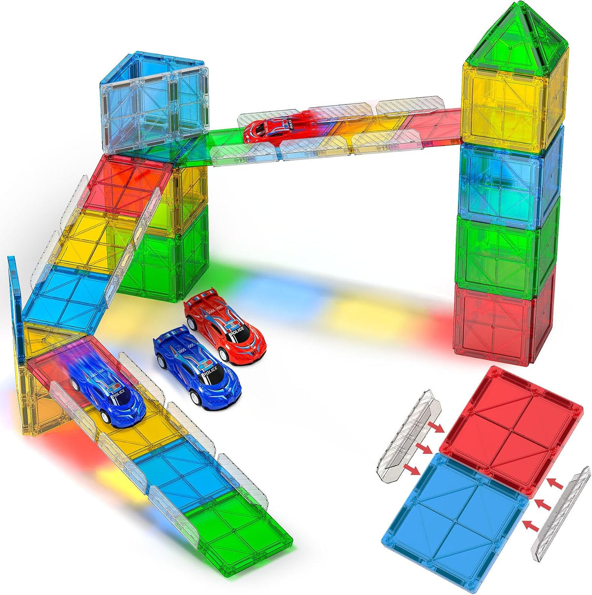 Magnetic Tiles Rail Pack 38-Pieces Magnetic Rail Clamps with Pullback Cars