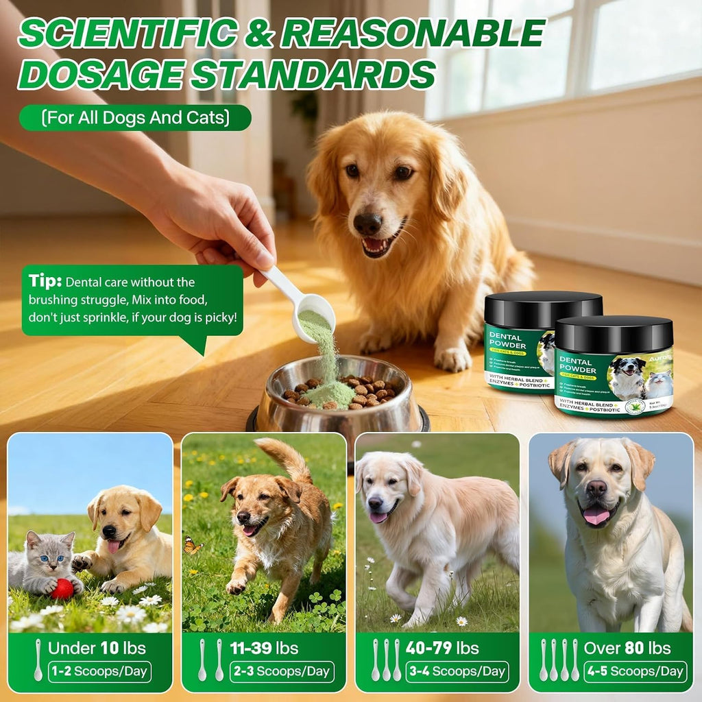 Dog Dental Powder for Teeth Cleaning Plaque & Bad Breath Off, Dental Powder for Dogs Teeth with Natural Herbal Blend & Postbiotics, Dog Teeth Cleaning Powder with Enzymes for Dogs & Cats (3.5oz)