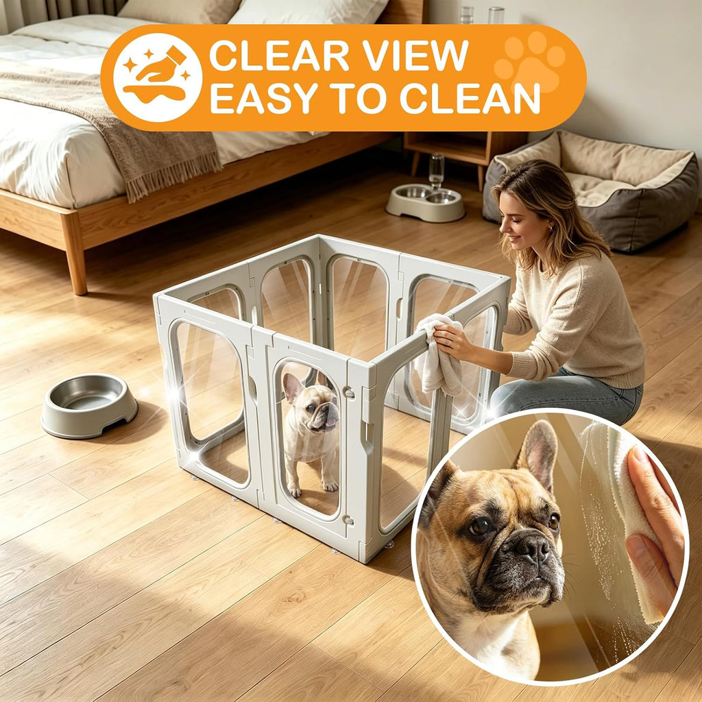 Acrylic Dog Playpen, 10-Panel Clear Transparent Puppy Playpen for Small Dogs Indoor Outdoor, Easy Assembly Foldable Pet Exercise Pen with Locking Door (White, 25.6 INCH, 10 Panels)
