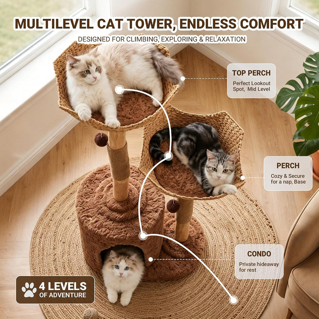 Modern Cat Tree Tower 50” with 2 Handmade Baskets and Large Condo