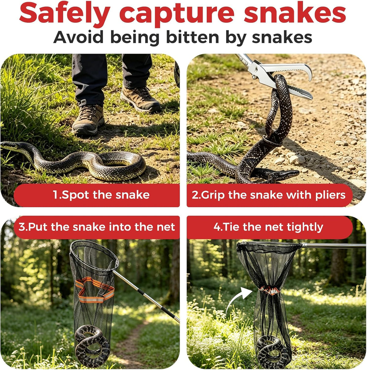 Snake Grabber Tool，50'' Folding Snake Grabber Tongs, 72'' Detachable Stainless Steel Snake Catching Net, Corrosion Resistance High Load Capacity Easy to Clean Maintain for Outdoor Snake Catching