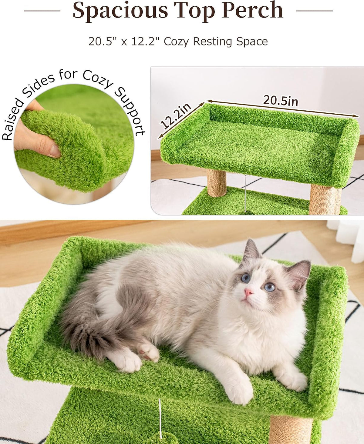 Cat Tree for Indoor Large Cat, 30'' Senior Friendly Modern Small Cat Tower with Wide Perch, Low Step, Cotton Scratching Posts, Sturdy Base, Cozy Perches, Interactive Toys(Green Pile Fabric)