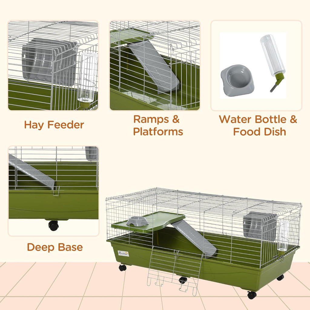 PawHut 47" L Small Animal Cage, Rolling Bunny Cage, Guinea Pig Cage with Food Dish, Water Bottle, Hay Feeder, Platform, Ramp for Chinchilla, Green