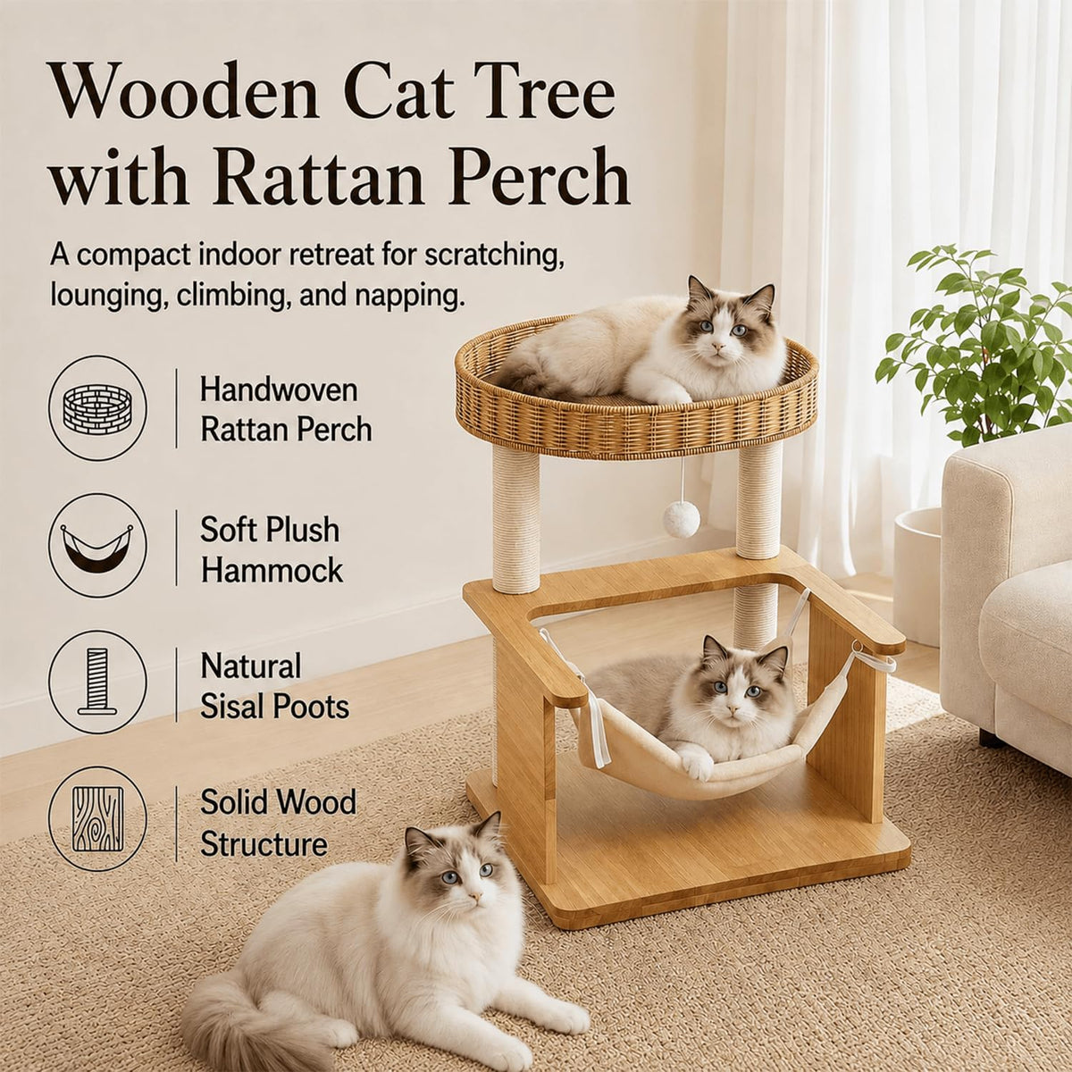 Solid Wood Cat Tree for Indoor Cats,28in Compact Cat Tower