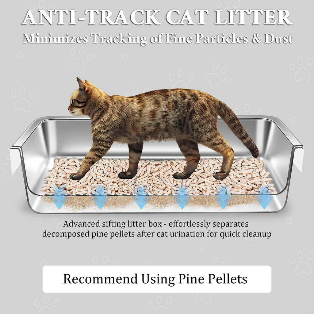 Stainless Steel Sifting Small Cat Litter Box for Pine Pellets, Metal Kitten Litter Box Sifter Pan with Litter Scoop, Low Dust, Odor Control, Easy Cleaning, 15.7" L x 11.8" W x 6" H