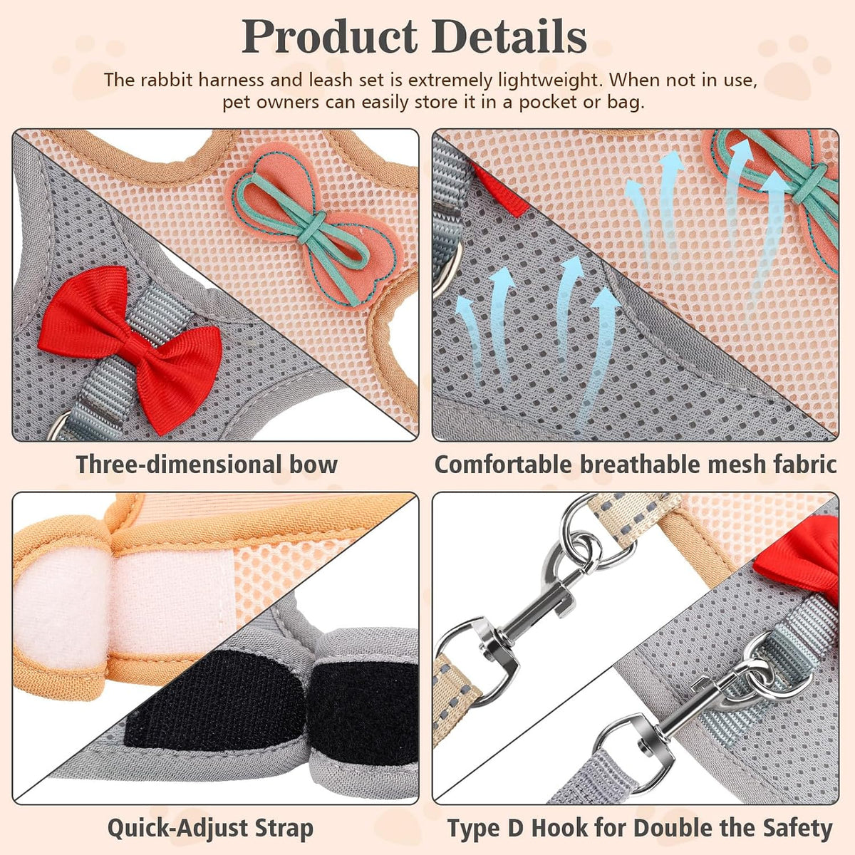 2-Pack Polyester Rabbit Harness and Leash Set - Escape-Proof Adjustable Small Animal Harness with 47.2in Leash and Rotatable D-Ring (Khaki+Deep Space Grey S, S)