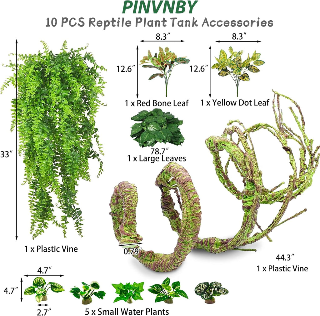 PINVNBY 10 PCS Reptile Plants Vine, Terrarium Hanging Flexible Climbing Artificial Leaves Reptile Hide, Bearded Dragon Tank Accessories, Terrarium Decor for Leopard Gecko Lizard Snake Geckos