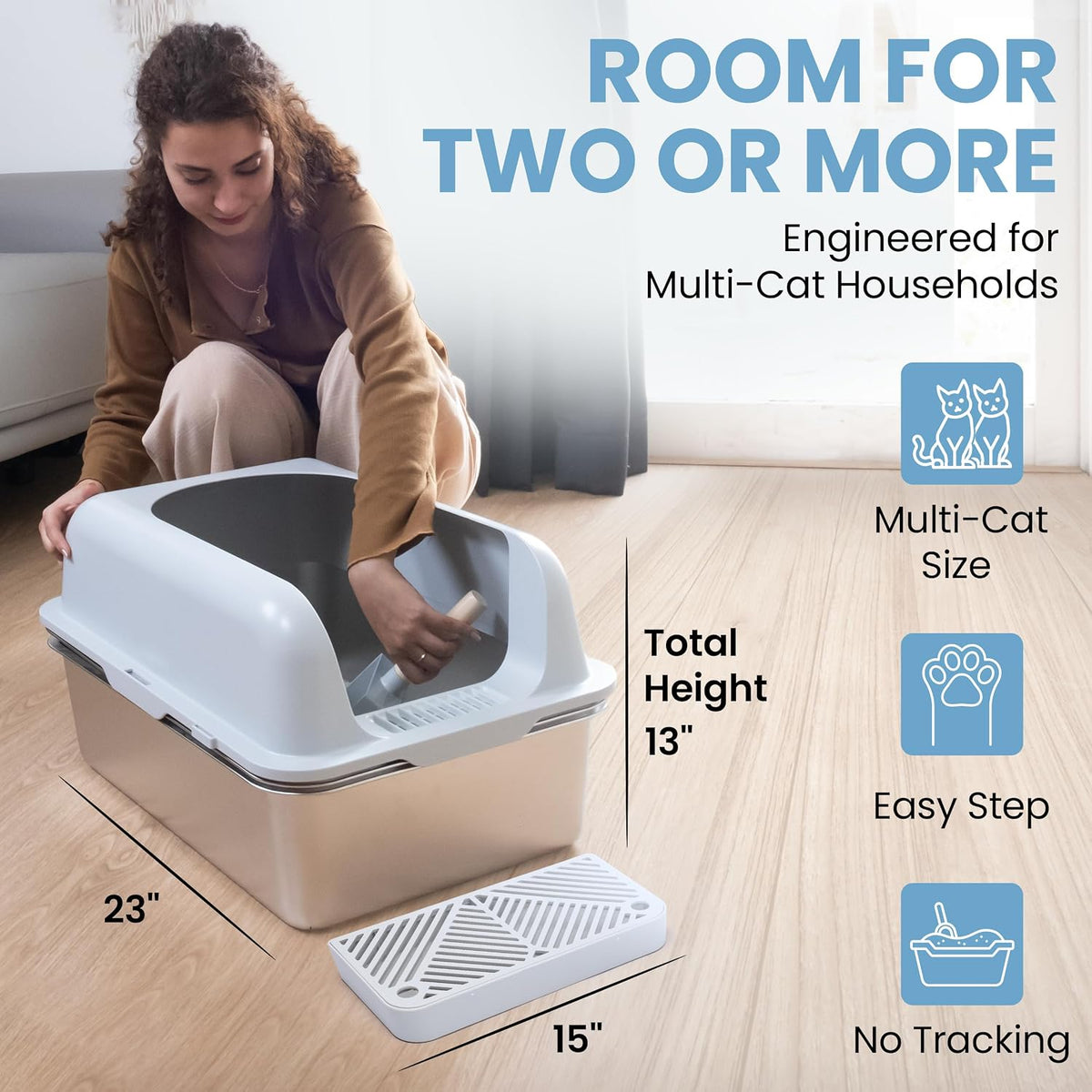 XL Stainless Steel Sifting Cat Litter Box with High Sides and Odor Control