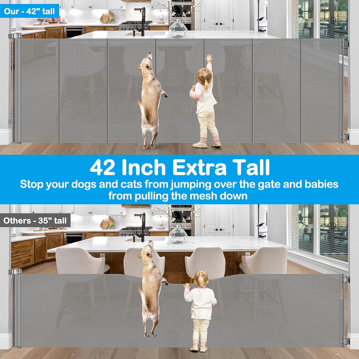 Reinforced 42" Extra Tall Retractable Baby Gate-Prevent Crawling Under, 200" Retractable Pet Gates for Wide Openings, 16ft Mesh Child Gates for Wide Openings, No Bottom Bar Indoor/Outdoor Baby gate