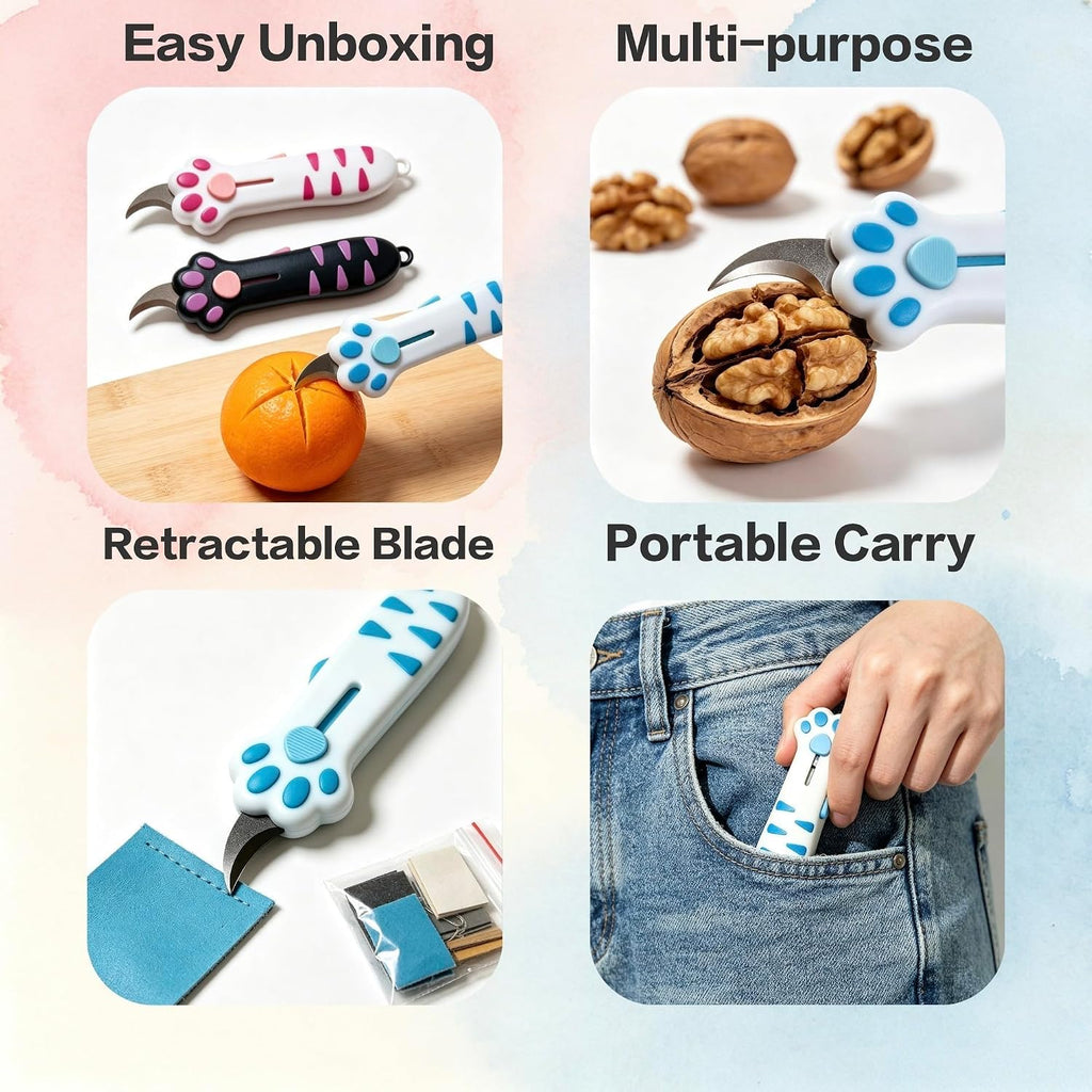 Cat Paw Box Cutter 3-Piece Set, Retractable Cat Claw Knife with Cute Paw Handle, Portable Utility Box Opener for Home Office Package Carton & Tape Cutting