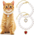 2pcs Cat Pearl Collar with Heart Pendant, Cute Pearl Pet Necklace in Small by Unknown
