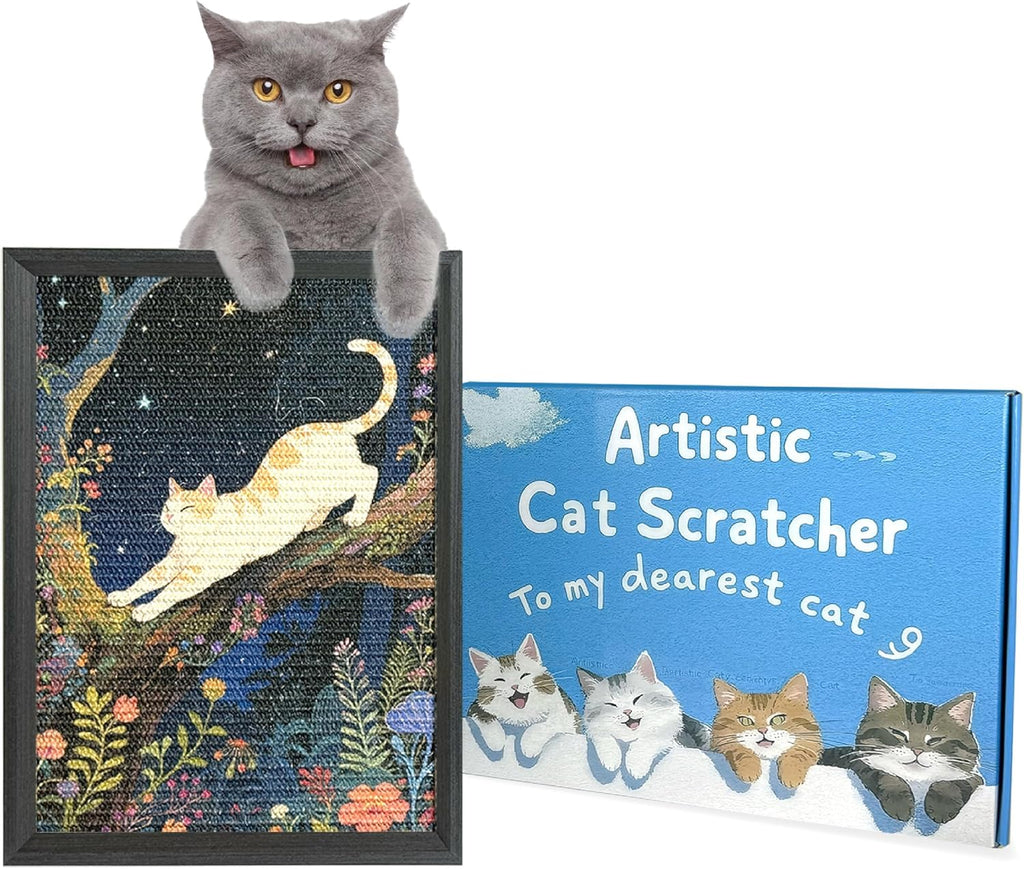 Decorative Wall Art Cat Scratcher for Indoor Cats, Wall Mounted Sisal Cat Scratching Board with Solid Wood Frame, Furniture Protector, Easy No-Drill Install, 17 x 13 in