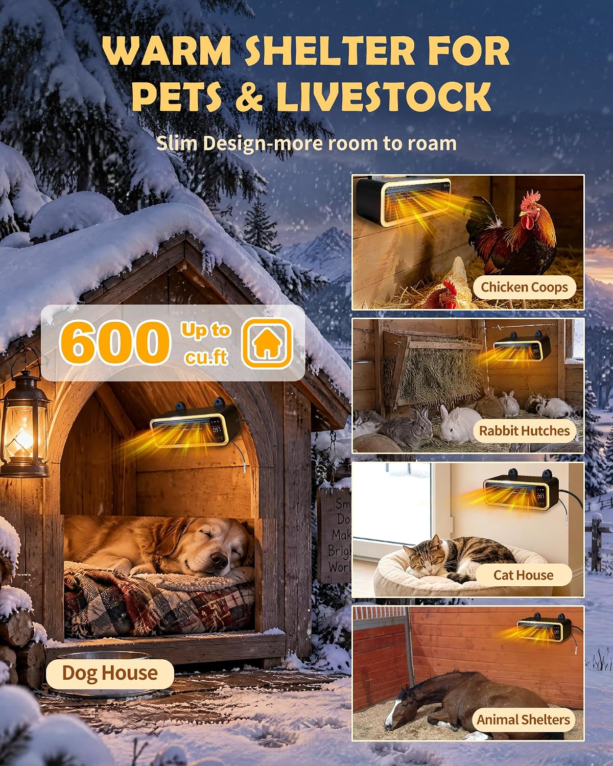 Dog House Heater Indoor,1200W WiFi APP Controlled Heated Dog House with Ambient Light,Thermostat&Timer,3 Heating Modes Pet House Heater for Dog Cat Houses,Chicken Coops,Rabbits