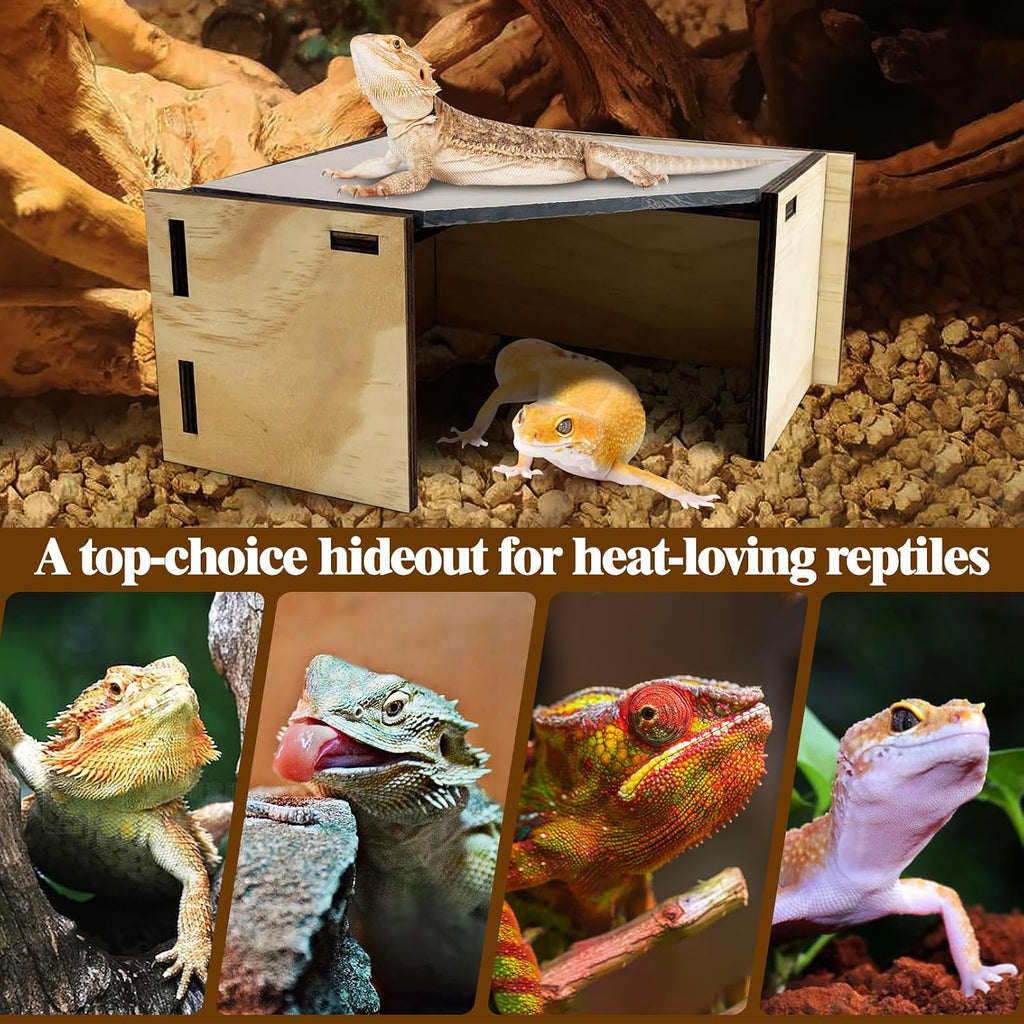 Tfwadmx Bearded Dragon Basking Platform with Hideout Wooden Lizard Hideout Reptile Slate Rocks Basking Platform with Hiding Cave Tank Accessories for Lizards Snakes Tortoise