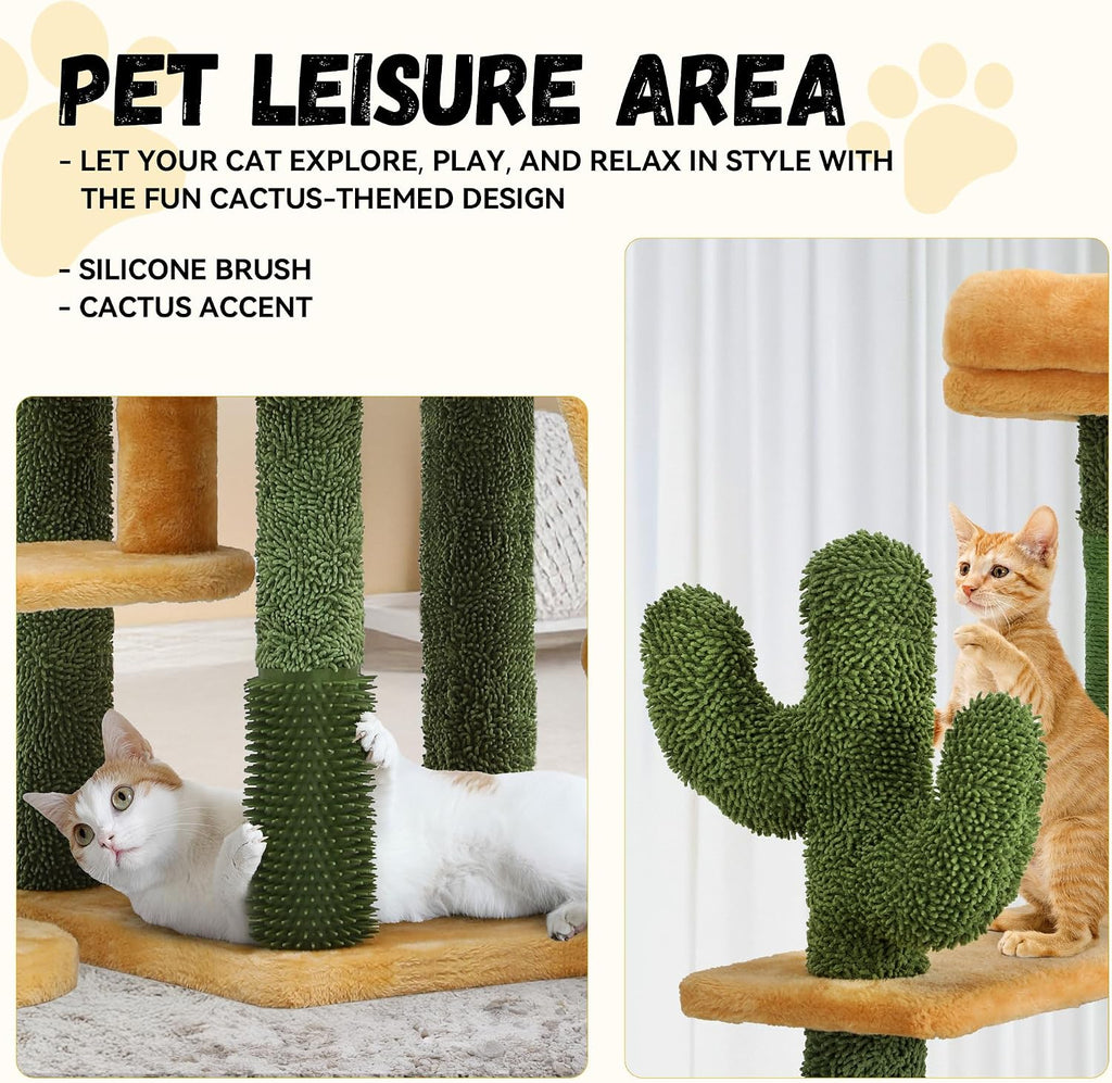DWVO Cactus Cat Tree for Large Cats: 60" Tall with Self-Grooming Brush
