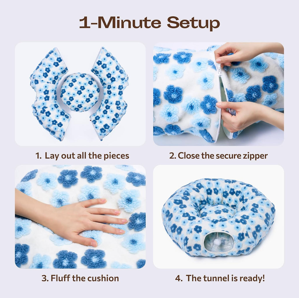 Meowfia Indoor Cat Tunnel with Donut Bed - Large Flexible Play Space for Multiple Pets - Circle or Snake Shape, Cozy Lounge (Blue Blossom)