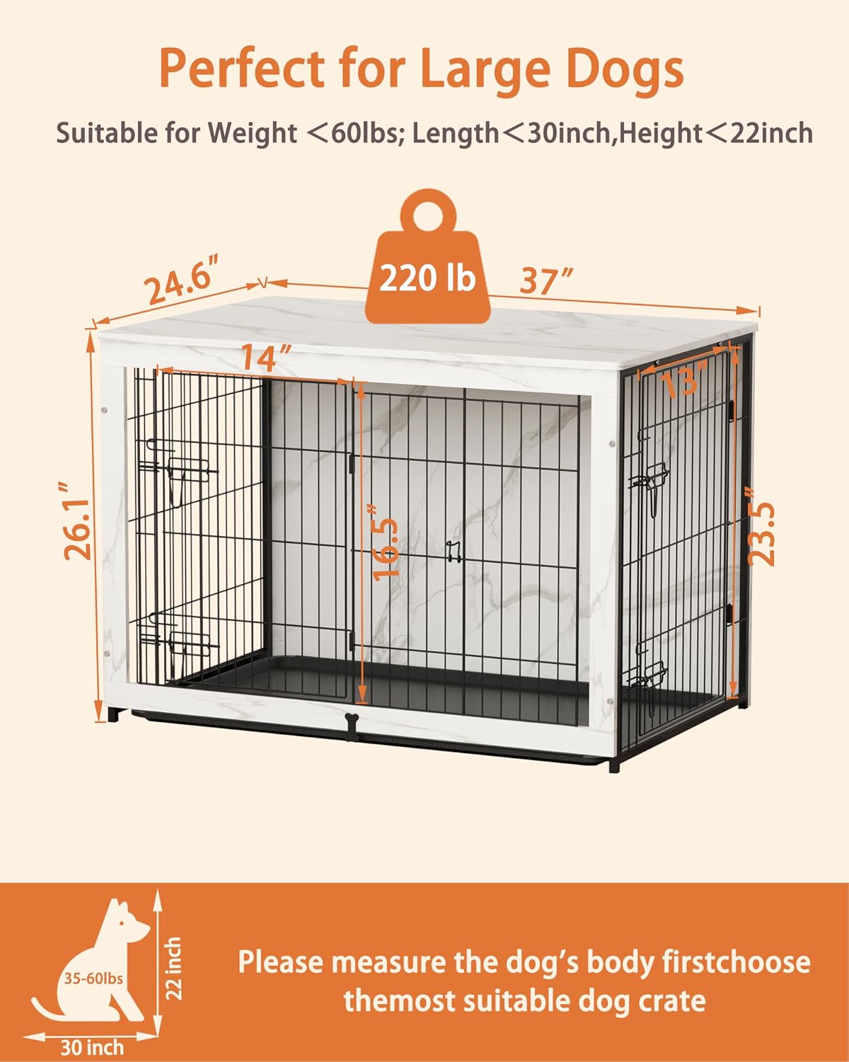 Megidok Wooden Dog Crate Furniture with Cushion,Large Dog Crate End Table with Tray, Double Doors Kennels Indoor (37" L*25" W*26" H, Marble White)