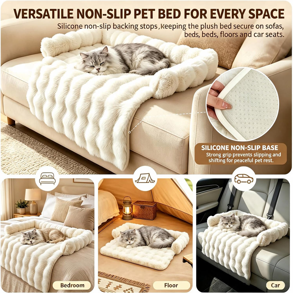 Large Plush Cat Mat for Sofa, Non Slip Cozy Pet Bed for Cats Small Dogs, Raised Edge Furniture Protector Mat, Beige L Size 29.5 x 29.5 Inch