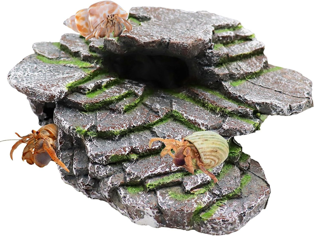 Hermit Crab Hideout, Resin Simulation Stone Reptile Cave Hideout, Hermit Crab Climbing Toys, Terrarium Habitat Decor for Lizard Spider Aquarium Fish Gecko Bearded Dragon
