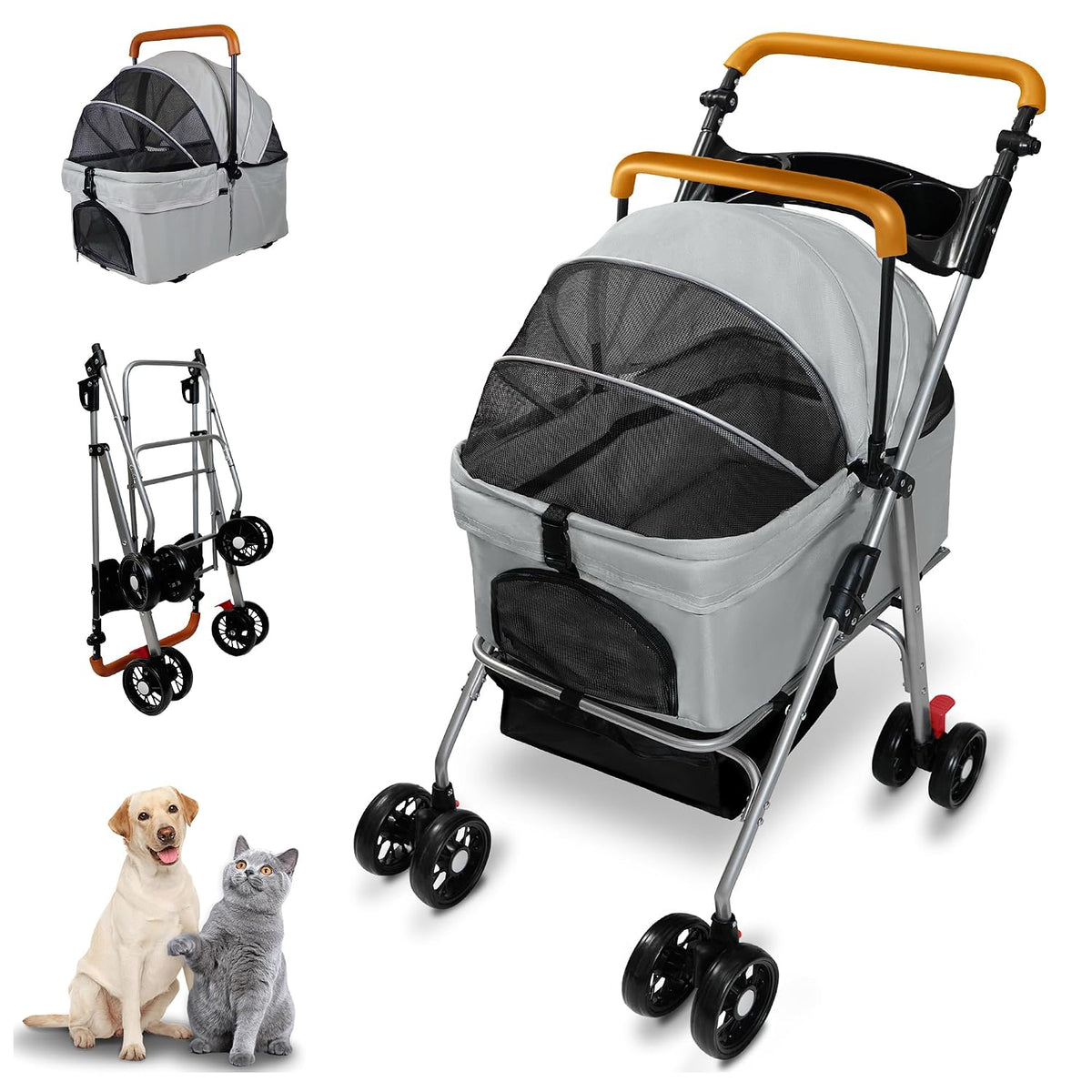 Pet Stroller with Storage Basket and Cup Holder, Folding Dog Jogger, Foldable Cat Stroller, 3 in 1 Puppy Kitten Cart, Pet Jogger for Medium Dog Cat (Magic Black)