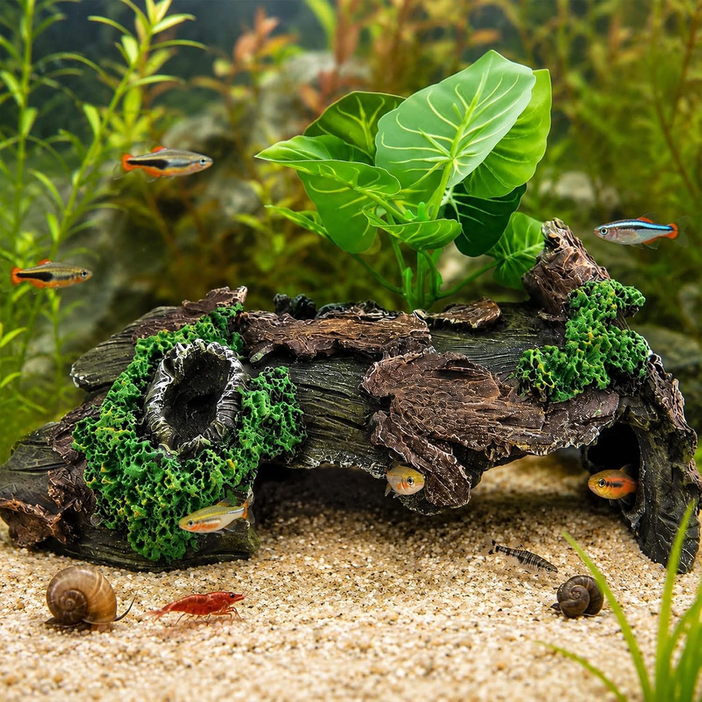 9.25" Large Aquarium Decor Hideout Cave Resin Hollow Tree Trunk with Plant