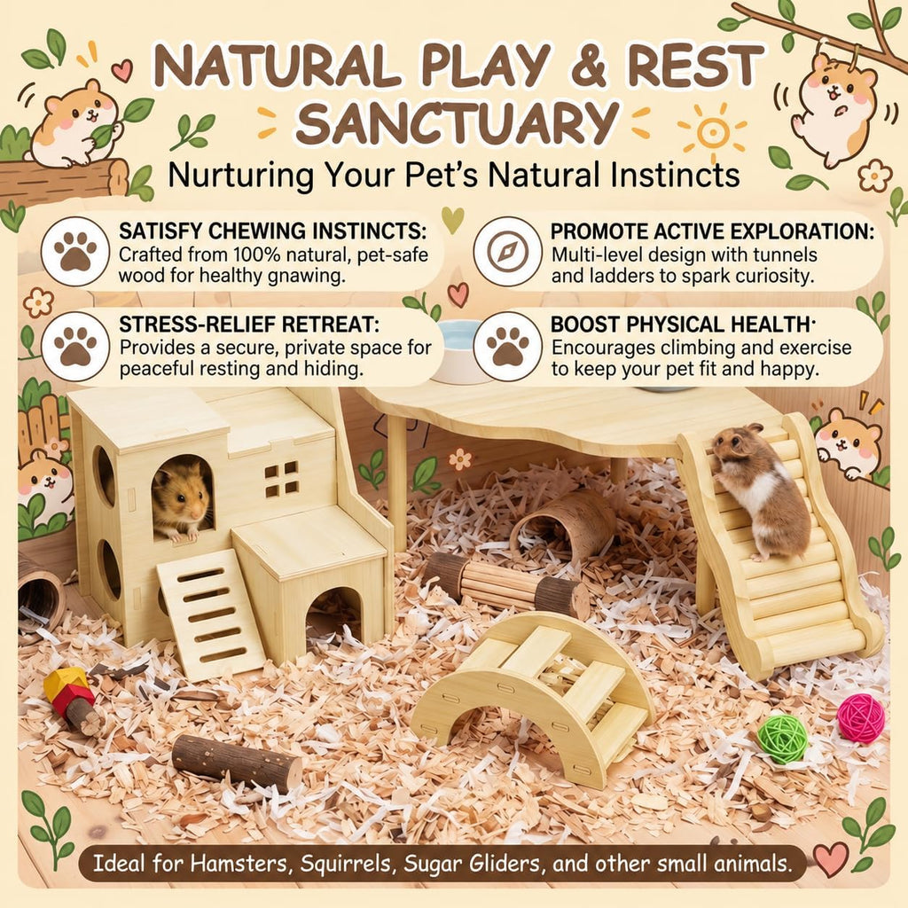 4-Piece Hamster Cage Accessories Set, Wooden Platform, Hideout Tunnel, Ladder and Climbing Playhouse for Dwarf Hamsters, Syrian Hamsters, Mice, Gerbils, Degus and Small Pets