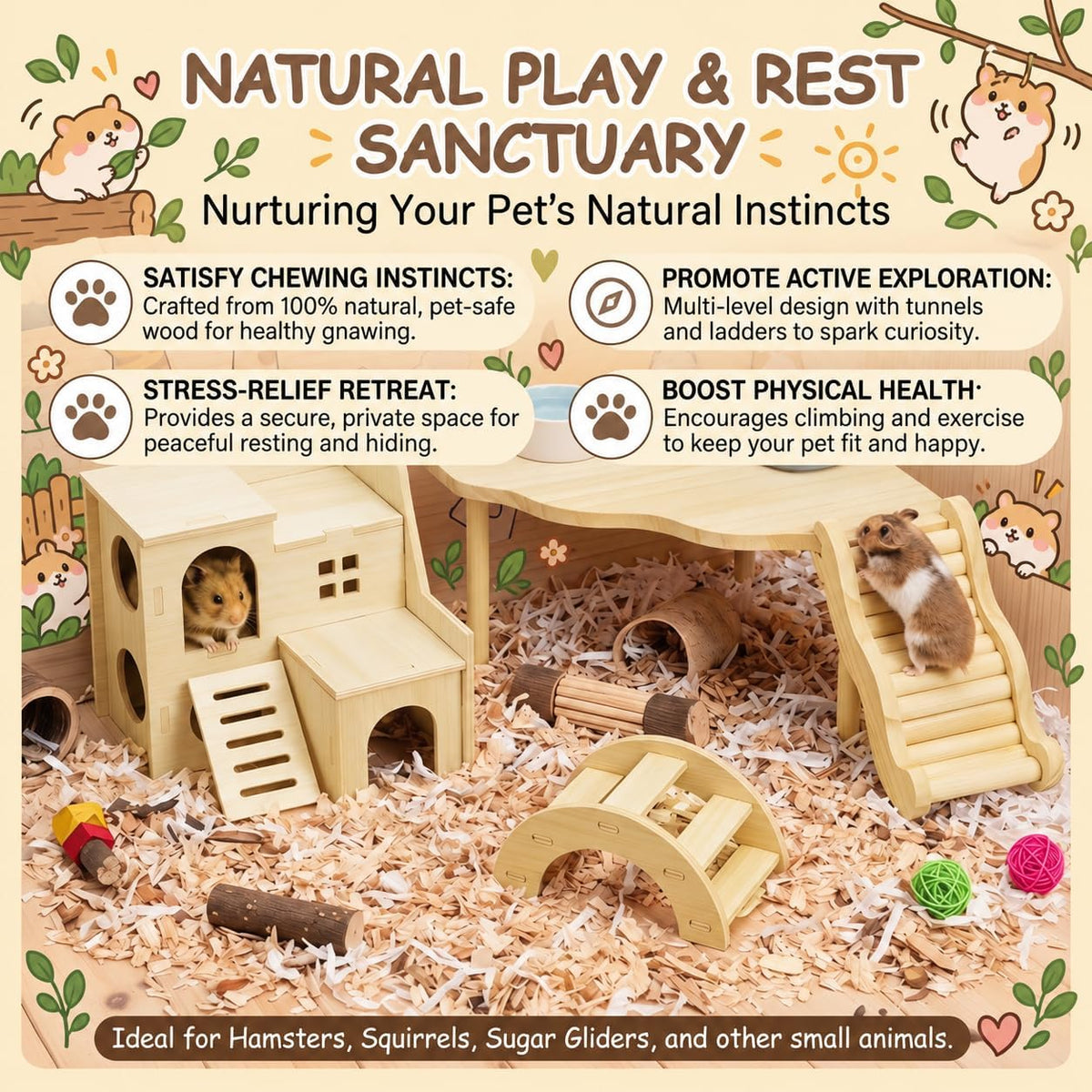 4-Piece Hamster Cage Accessories Set, Wooden Platform, Hideout Tunnel, Ladder and Climbing Playhouse for Dwarf Hamsters, Syrian Hamsters, Mice, Gerbils, Degus and Small Pets