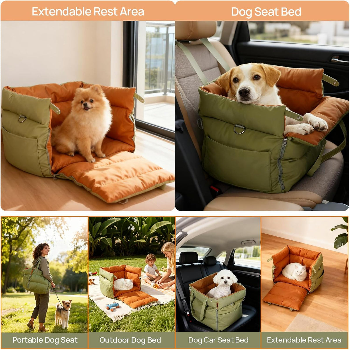 Dog Car Seat Bed for Small & Medium Dogs Under 30lbs, Premium Dog Car Seat, Soft & Stylish & Waterproof, Easy to Clean for Front or Back Seat (Green)