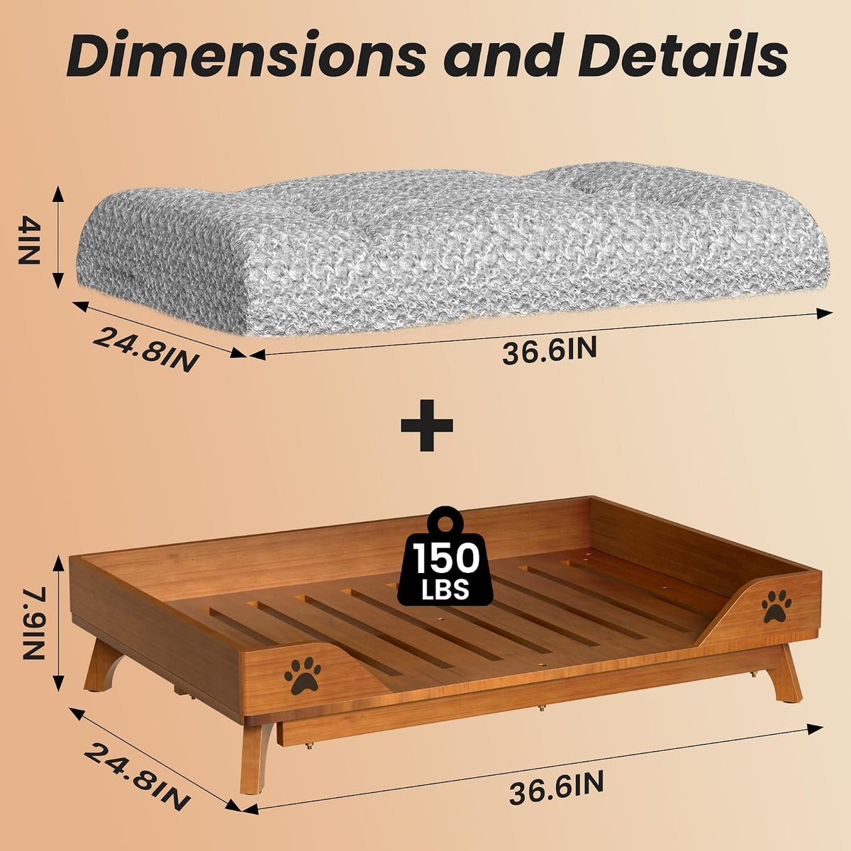 Elevated Dog Bed - Solid Wood Dog Bed Frame with Soft Cushion, Raised Dog Bed for Large Pets up to 150lbs, 36.6x24.8x7.9 in, Walnut