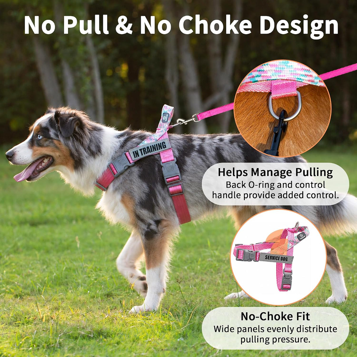 No Pull Dog Harness and Leash Set, Australian Dog Harness, Service Dog Harness with Handle and 4 Reflective Patches, Adjustable Training Vest for Small, Medium and Large Dogs (Pink,XS)