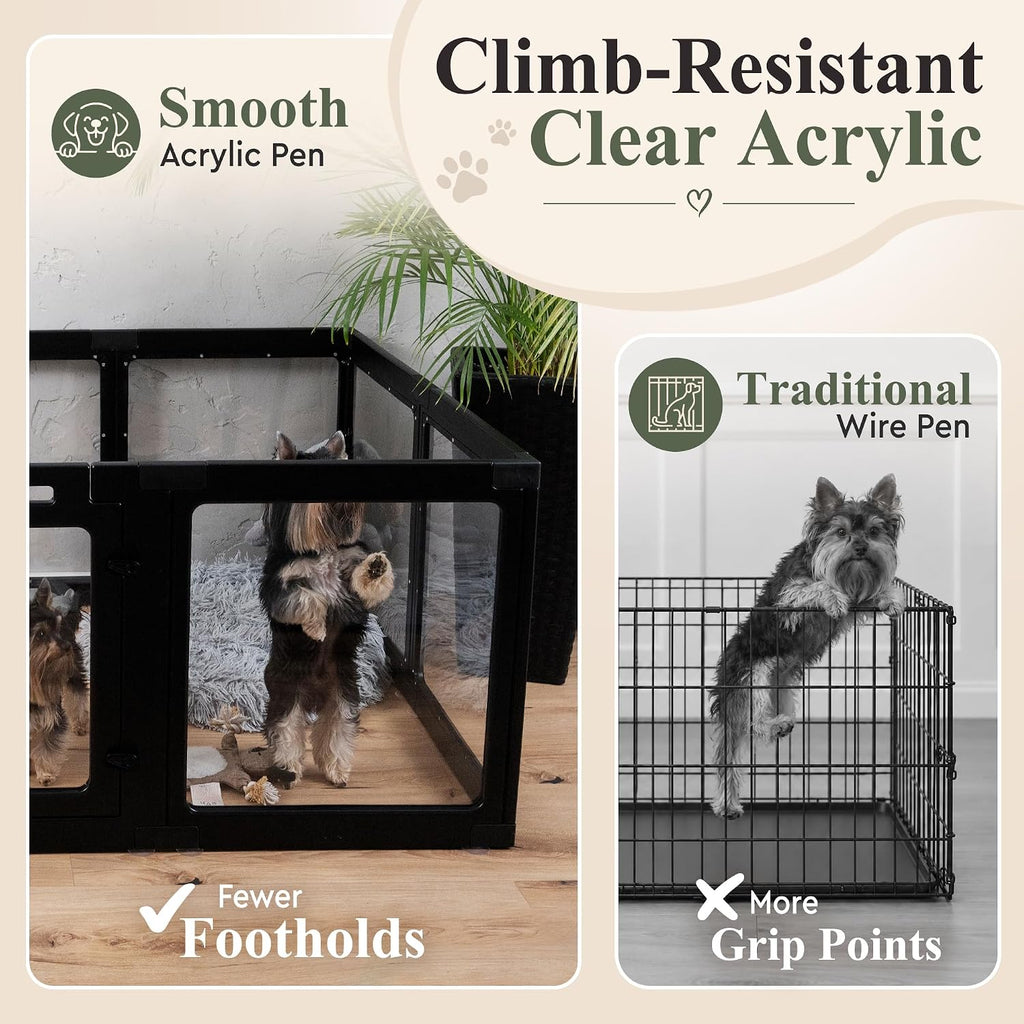 Transparent Indoor Dog Playpen with Safety Lock, Indoor Dog Fence for Small & Medium Pets | Secure, Stylish, Easy Clean Play Pen for Dogs & Pets with Scratch Resistant Panels (24''H,Black, 10 Panel)