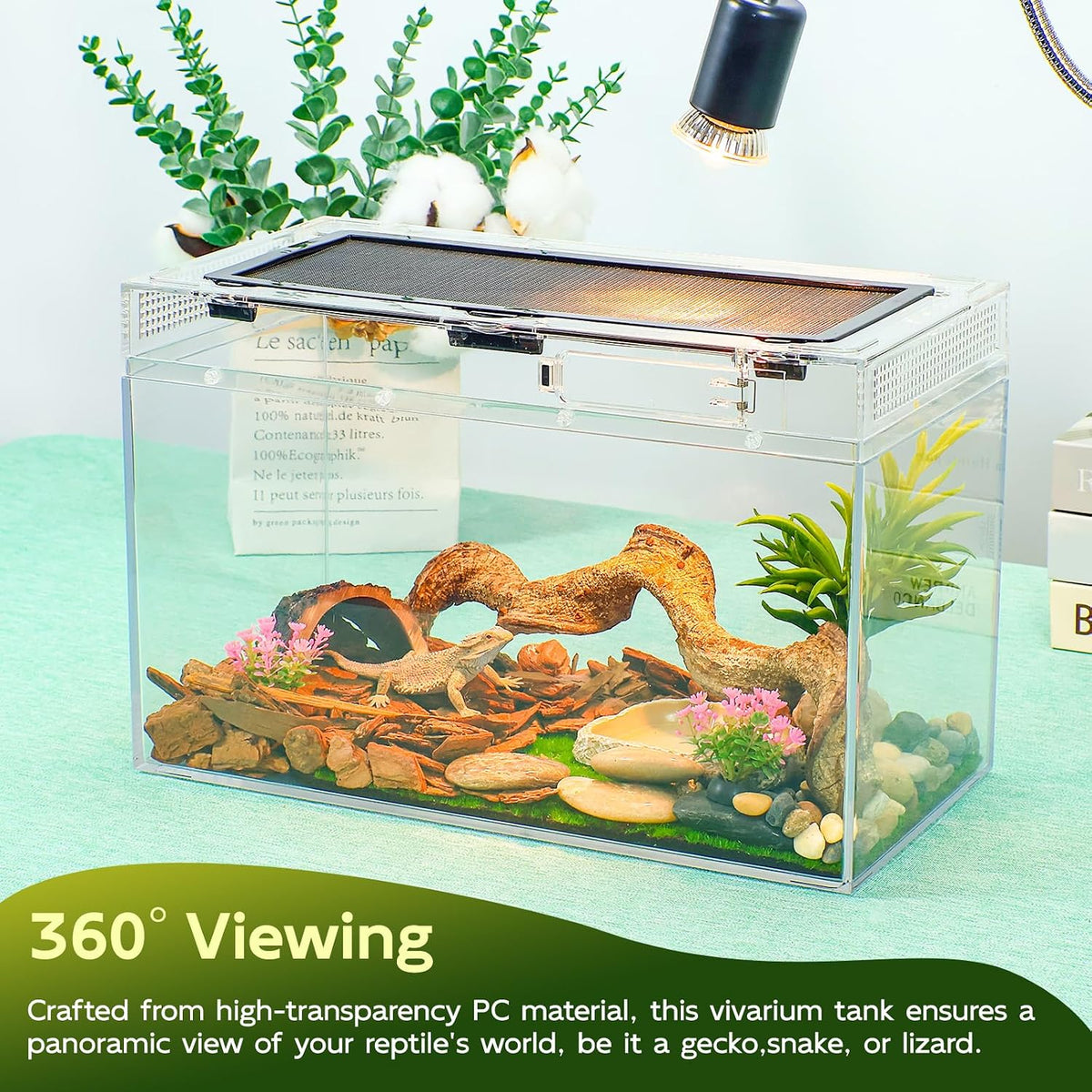 12.5x6x7 Reptile Terrarium Kit with Heat Lamp & Hideout for Geckos, Snakes