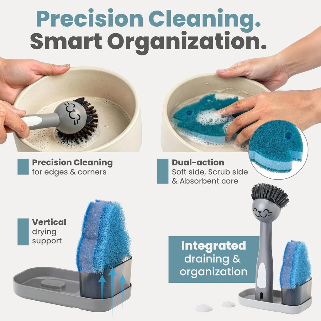 Pet Bowl Cleaner Set with Cat Bowl Brush, Cat Sponge, Holder & Drain Tray