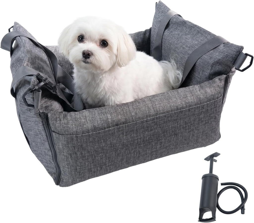 Waterproof Dog Car Seat for Small Dogs, Inflatable Pet Booster Seat with Dual Safety Straps, Portable Dog Travel Bed with Storage Pockets, Washable Cover & Cushion, Grey