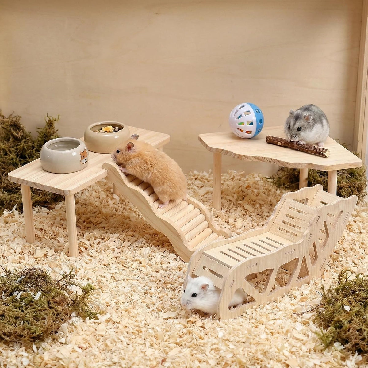 4 Pcs Hamster Platform Wooden Tunnel Ladder Hidden Play House Hamster Game Climbing Toy with Platform, Decor Toy cage Accessories for Dwarf Syrian Mice Degus Gerbils Squirrel and Other Small Pets