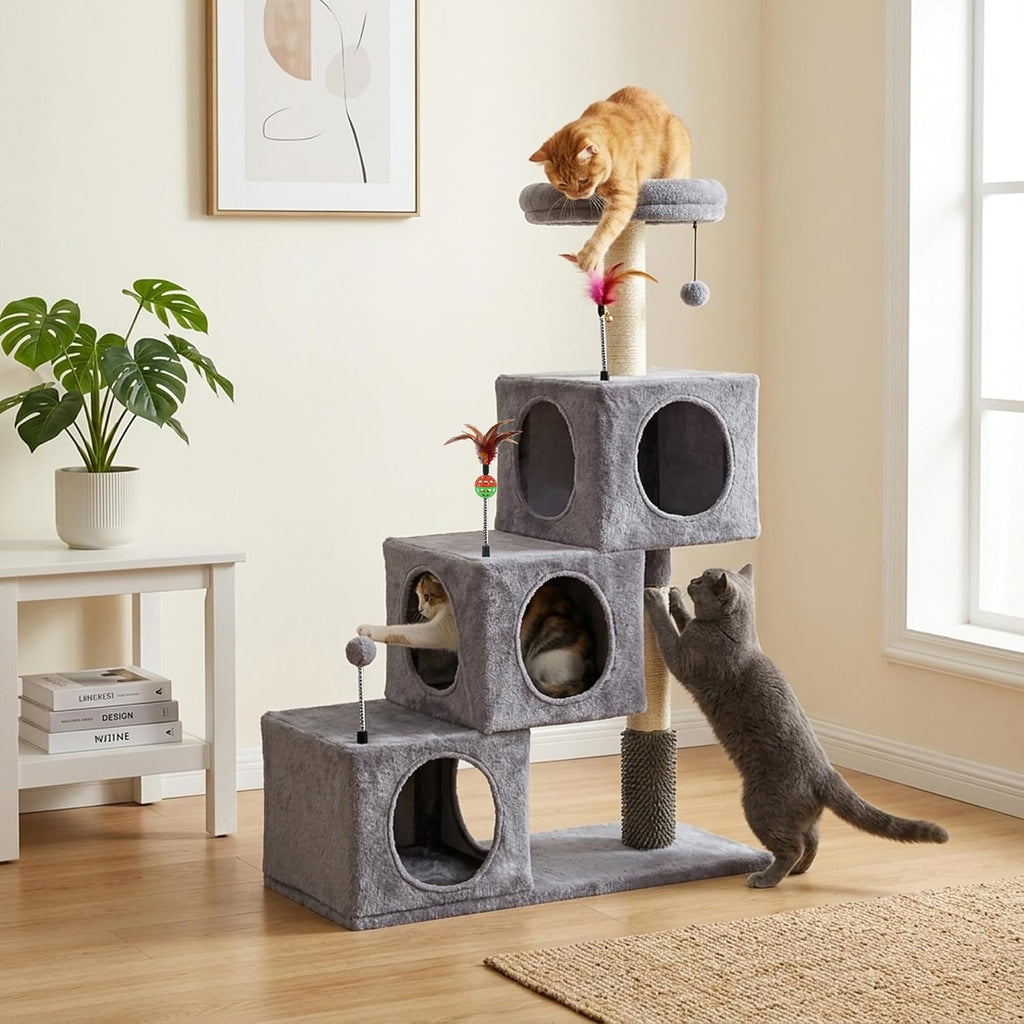 Cat Tree Tower for Indoor Cats 12lbs, Cat Tree with 3 Spacious Cat Houses & Condos, Full Sisal Scratching Posts and Cat Scratcher Toys，Grey