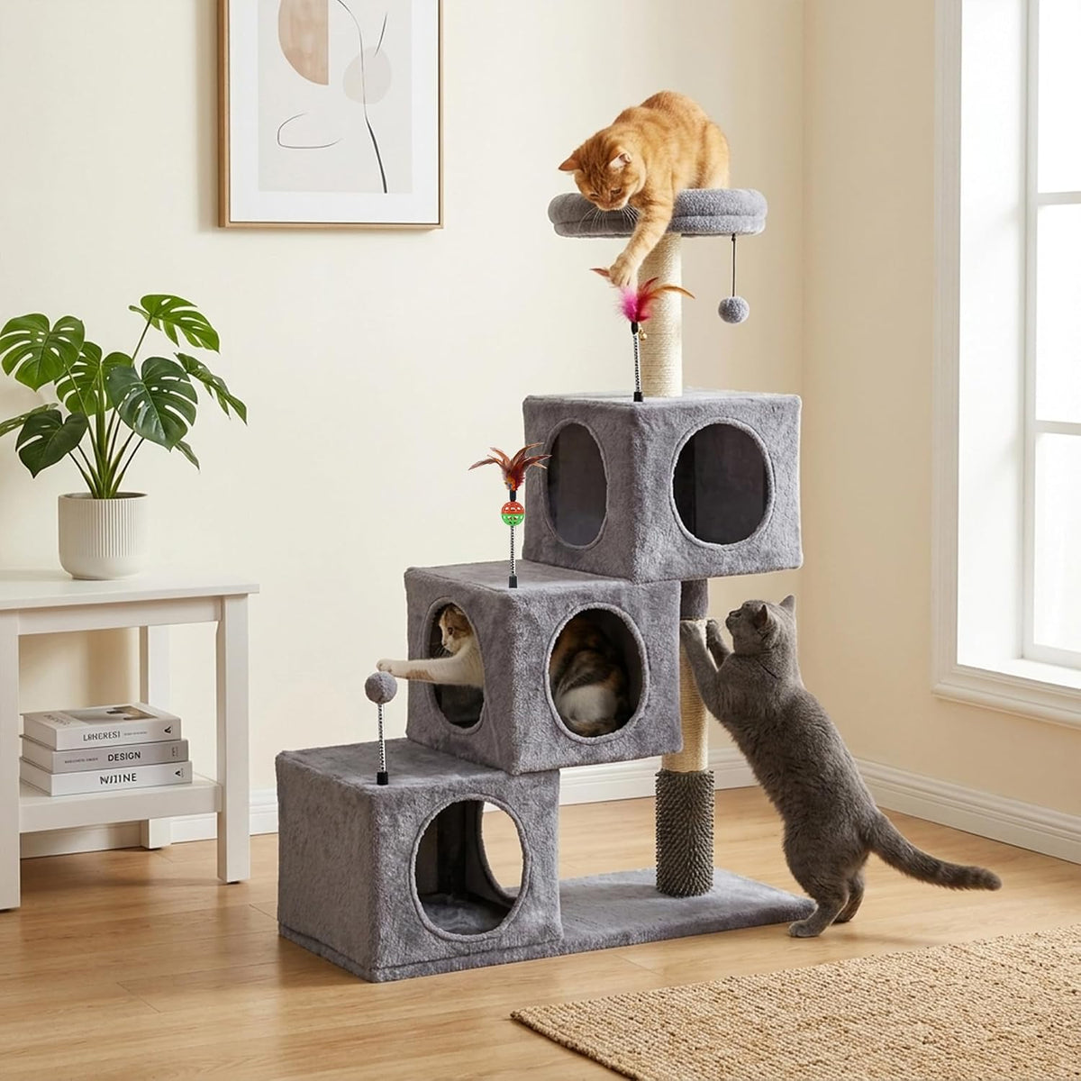 Cat Tree Tower for Indoor Cats 12lbs, Cat Tree with 3 Spacious Cat Houses & Condos, Full Sisal Scratching Posts and Cat Scratcher Toys，Grey