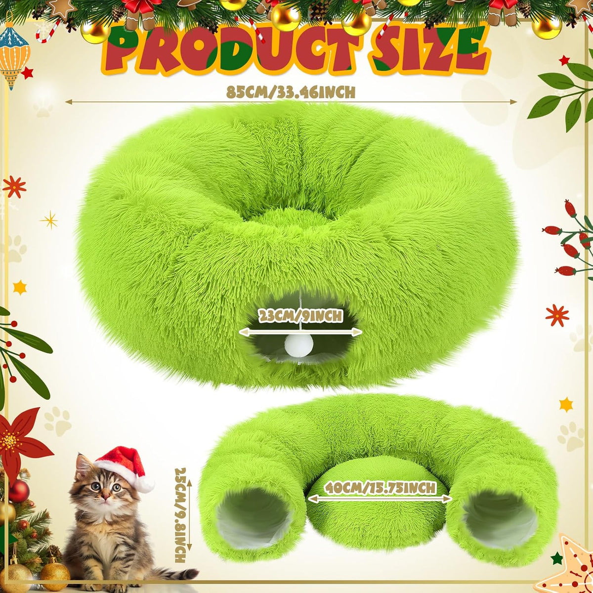 Thyle Christmas Cat Tunnel Bed, Green, 3ft X 3ft X 9.8in, Plush