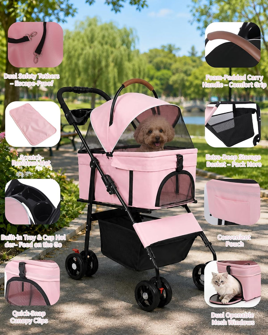 Pet Stroller, 3 in1 Foldable Dog Cat Stroller with Detachable Carrier-35lbs