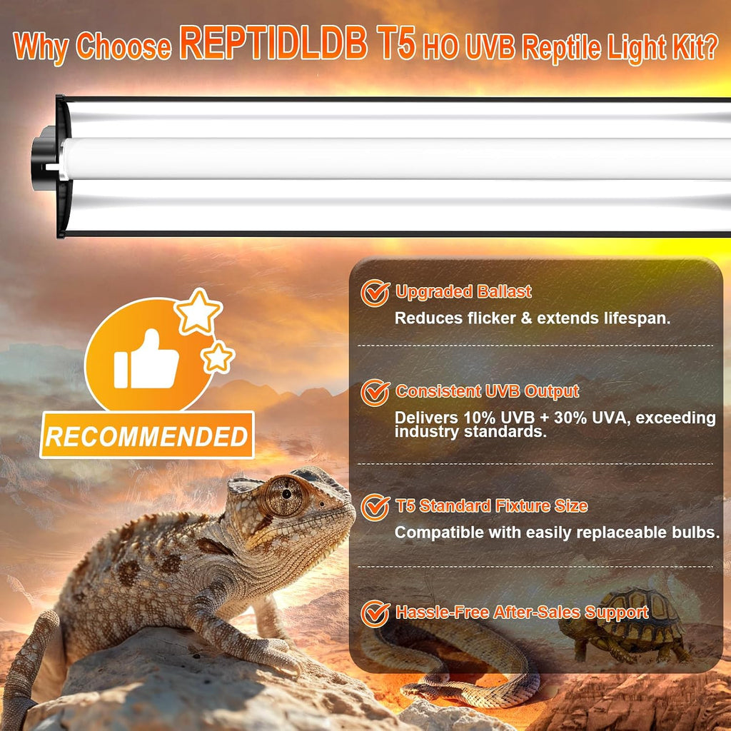 24W T5 UVB Reptile Light Fixture Combo Kit – 10.0 UVB Fluorescent Tube for Bearded Dragons, Lizards & Tortoises – UVA UVB Reptile Light, 22" Terrarium Hood (UVB 10.0-Desert, 22INCH-24W)