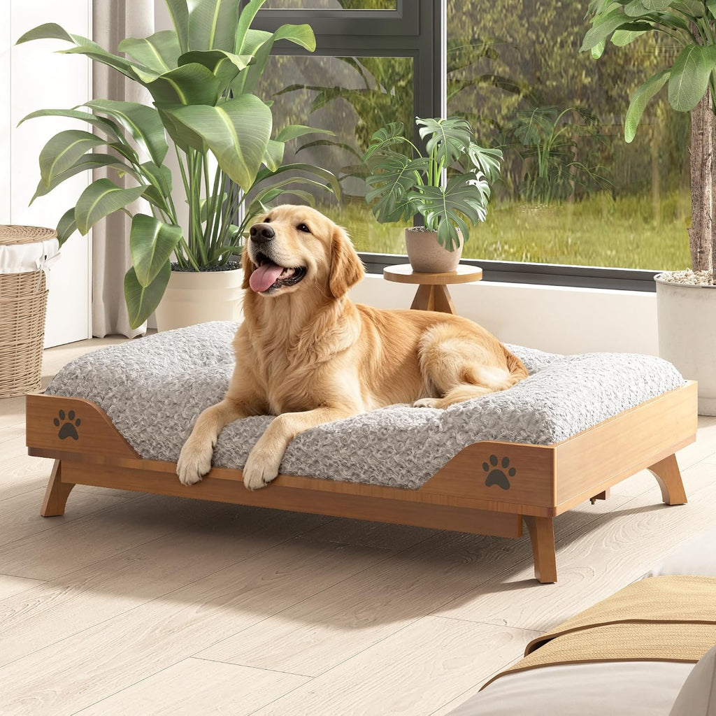 Elevated Dog Bed - Solid Wood Dog Bed Frame with Soft Cushion, Raised Dog Bed for Large Pets up to 150lbs, 36.6x24.8x7.9 in, Walnut