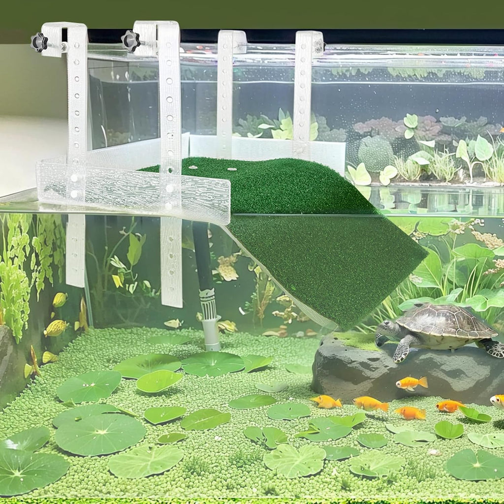 Hanging Turtle Basking Platform,with a Non-Slip Lawn That Covers Platform and Ramp,Adjustable,Fit for 15.6-19.5 Inches Width Tank,Essential for Turtle Tank Aquatic Turtles