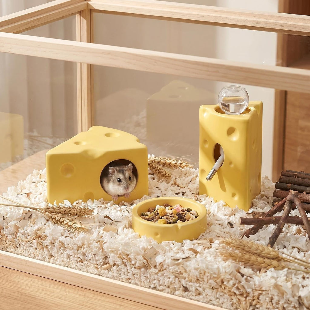 Hamster Cage Accessories Cheese Shaped Cooling Ceramic Hideout Set, 4-Piece Small Pet Supplies with 125ml No Drip Water Bottle, Anti-Tip Food Bowl for Syrian Dwarf Hamster Gerbil Hedgehog Cage Decor