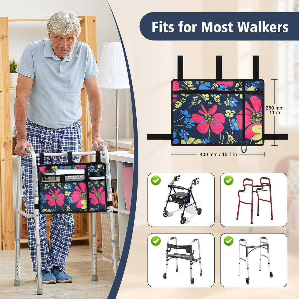 SupreGear Walker Bag with Cup Holder, Water-Resistant Storage Organizer with Multiple Pockets and Adjustable Straps, Foldable Walker Accessories for Seniors