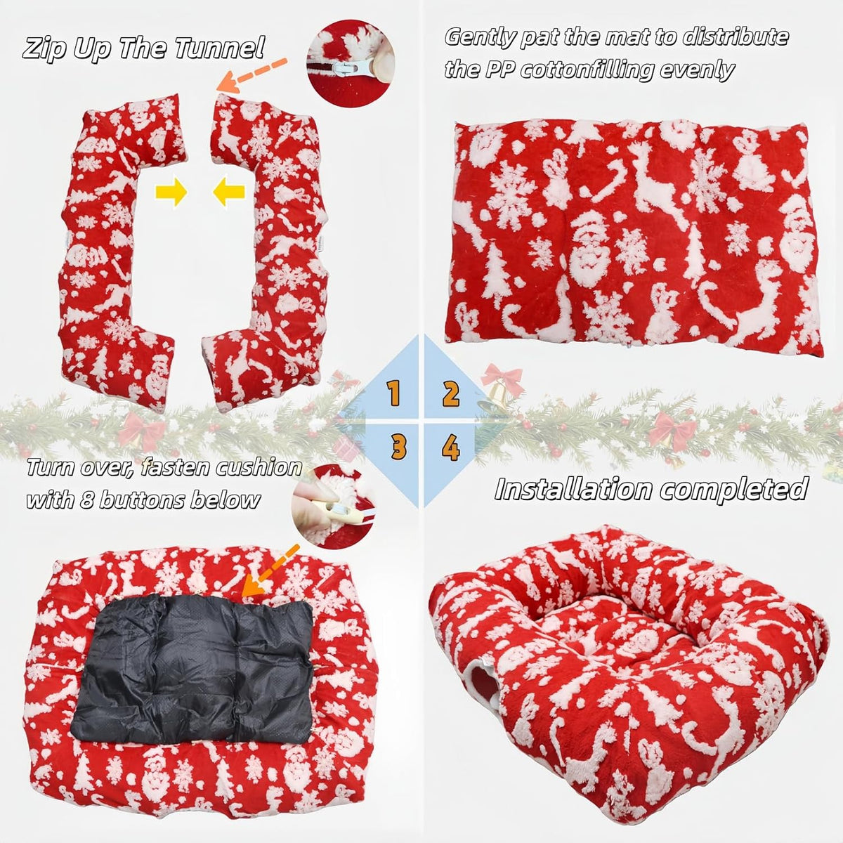 Extra Large Cat Tunnel Bed for Indoor Cats with Warm Mat,Cat Toys Cave Dount Tube for Xmas Decor Red