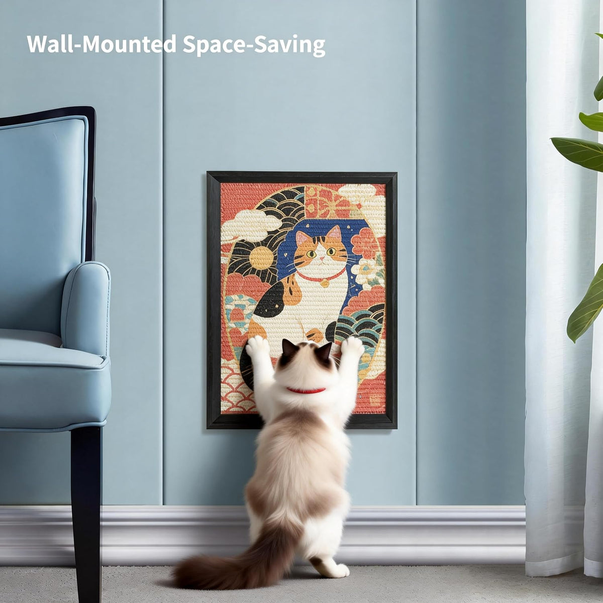 Decorative Wall Art Cat Scratcher for Indoor Cats, Wall Mounted Sisal Cat Scratching Board with Solid Wood Frame, Furniture Protector, Easy No-Drill Install, 17 x 13 in