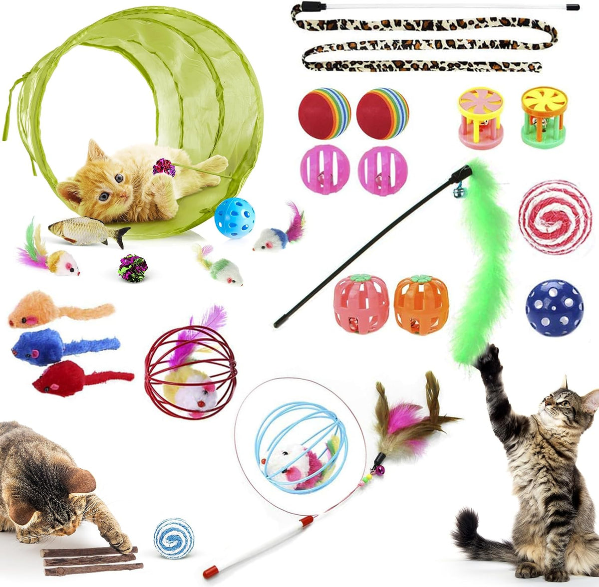 SunGrow Cat Tunnel and Assorted Activity Variety Pack, Interactive Kitten Accessories, for Indoors, Teaser Wand, Crinkle Balls, Bell Set, etc. (Assorted Toys, 30 Pieces)