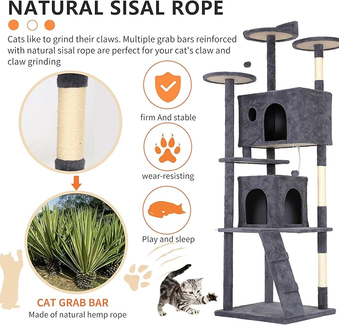 BestPet | 81" Cat Tree Tower | Dark Gray | Sturdy, Hanging Cat Toys, - Image 4