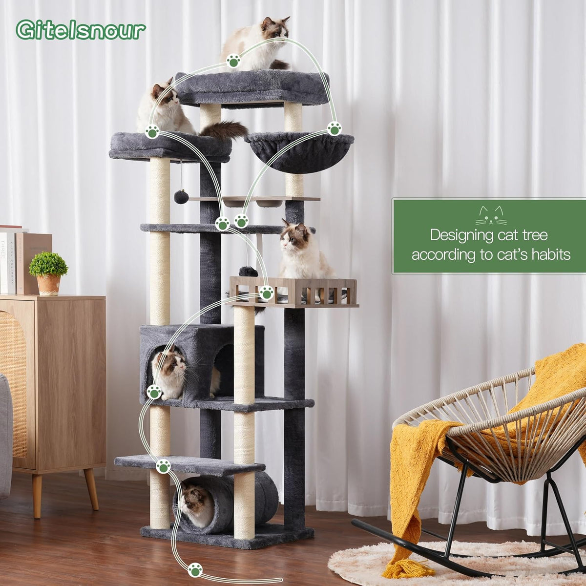 Gitelsnour Cat Tree Tower with Tunnel & Food Station, Wooden Perch GCT021G